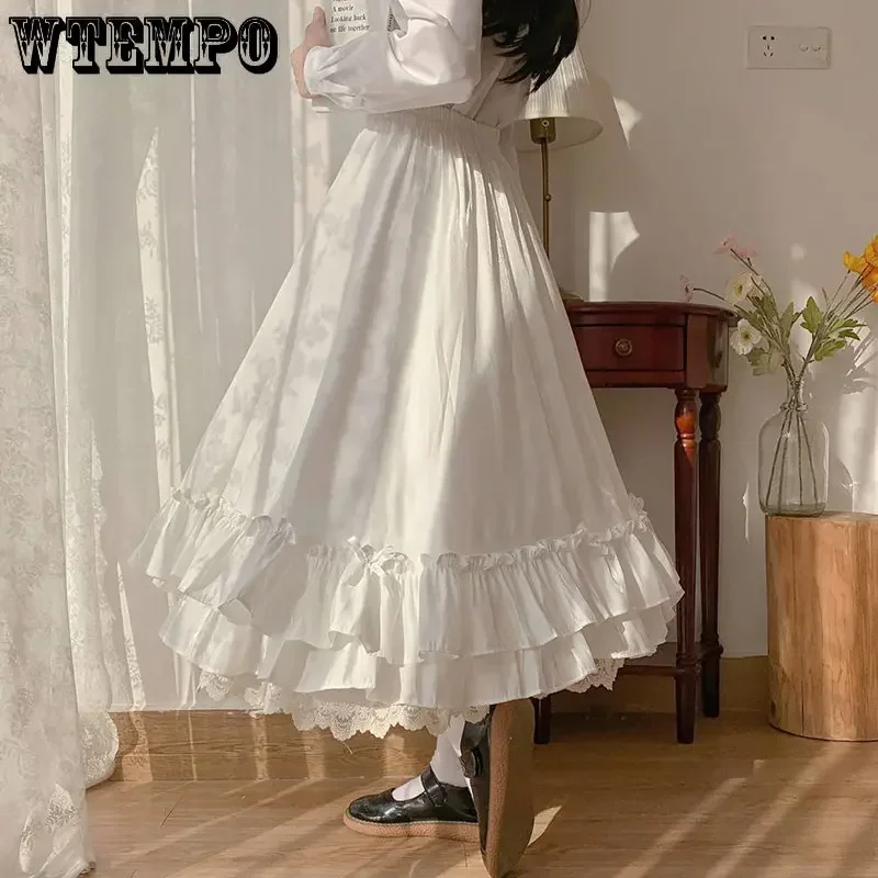 WTEMPO Japanese Solid Color Double Layer Vintage French Ruffled A-line Skirts Female Hepburn Style Black White Long Lolita Skirt