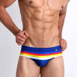 Men's Sexy Low Rise Swim Briefs Bikini Swimsuits Pouch Enhance Swimwear Striped Surf Trunks Beach Shorts Bathing Suit Male