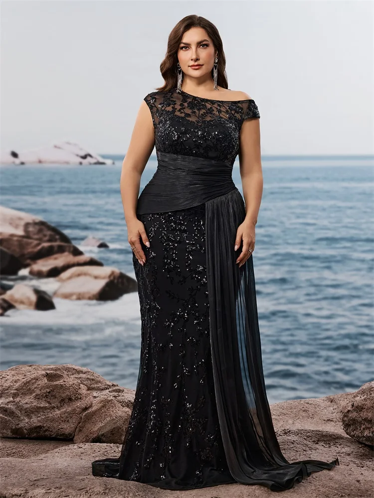

Lucyinlove Plus Size Elegant Sleevesless Sequins Patchwork Formal Evening Dresses Luxury Slit Mermaid Party Cocktail Gowns