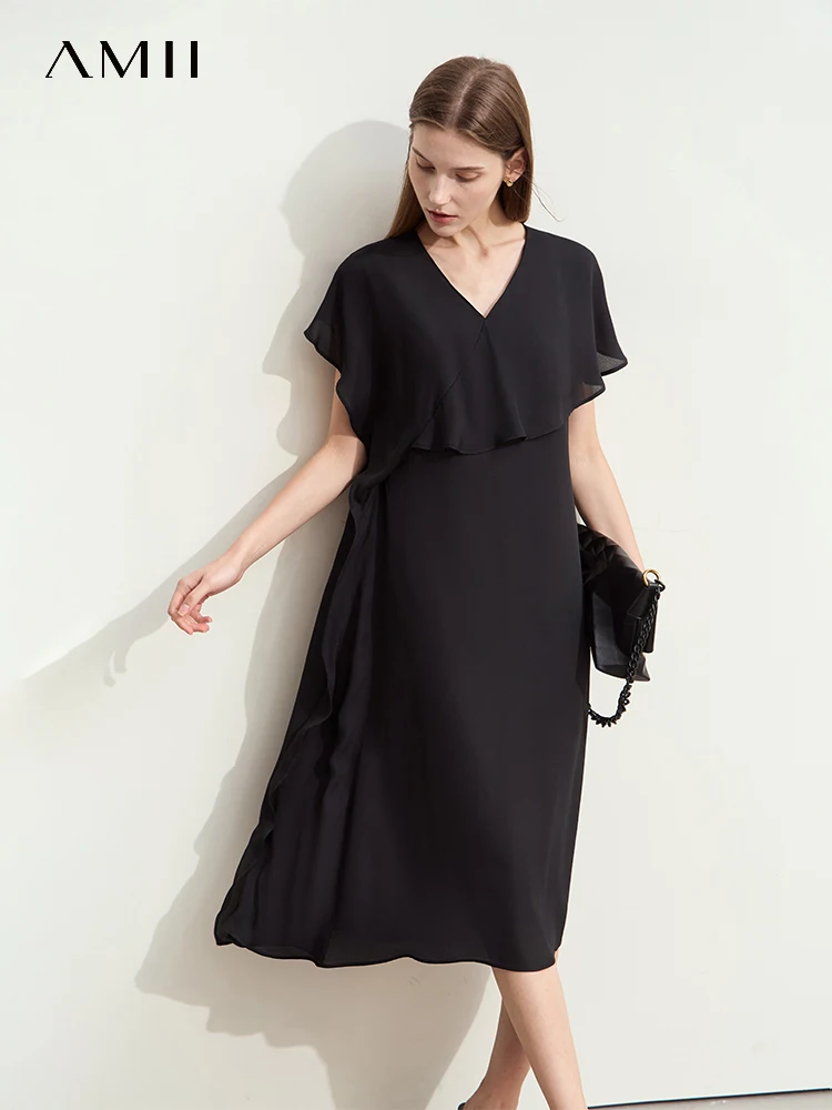 AMII Minimalist Summer New Elegant Commuter Dresses for Women Round Neck Flounced Edge Patchwork Chiffon Black Dress 12452128