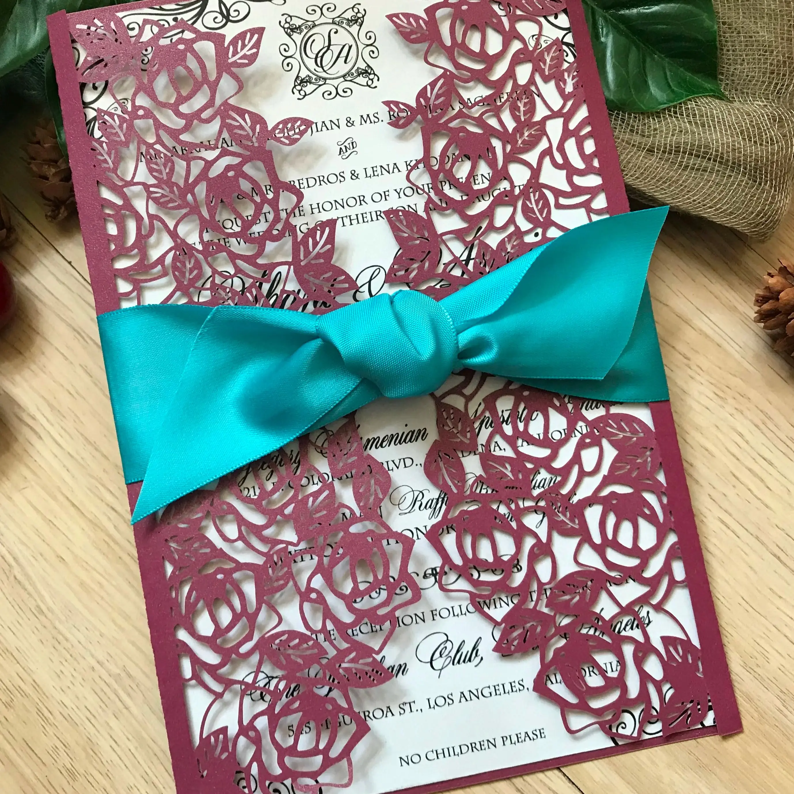 

10pcs Custom Pearl Burgundy Red Laser Cut Wedding Invitation Cards,Laser Cut Invitation Cover with Ribbon for Party Decoration