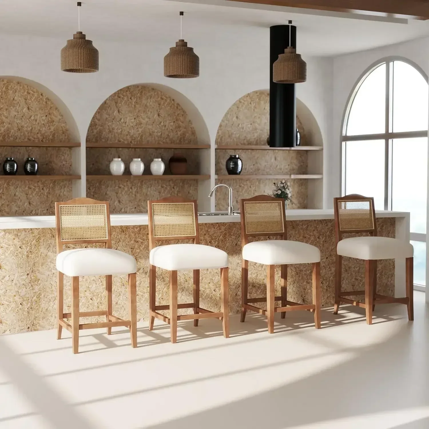 [أفضل بائع! ]مجموعة مقاعد بار بارتفاع مضاد مكونة من 4 مقاعد للبار من الروطان كراسي بار حديثة لمنتصف القرن لغرفة الطعام في المطبخ،