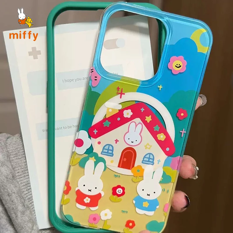 Kawaii Miffy Phone Shell Suitable for Iphone 16 15 14 13 Creative Little House Magnetic Stand Anti Drop Phone Case Anime Gifts