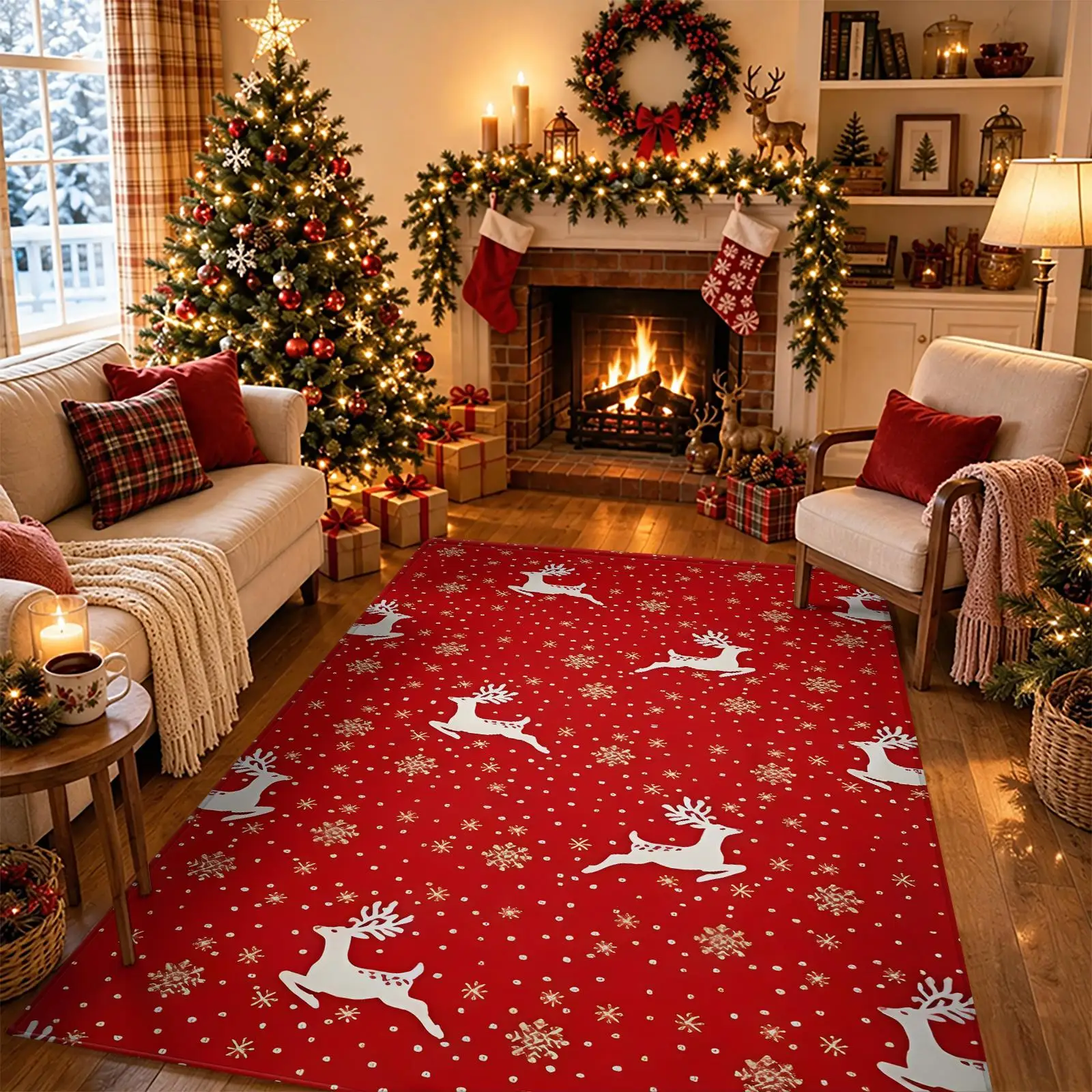1pc 2D Flat Christmas Reindeer Snowflake Printed Floor Mat, Decorative Rug for Living Room, Bedroom, Home