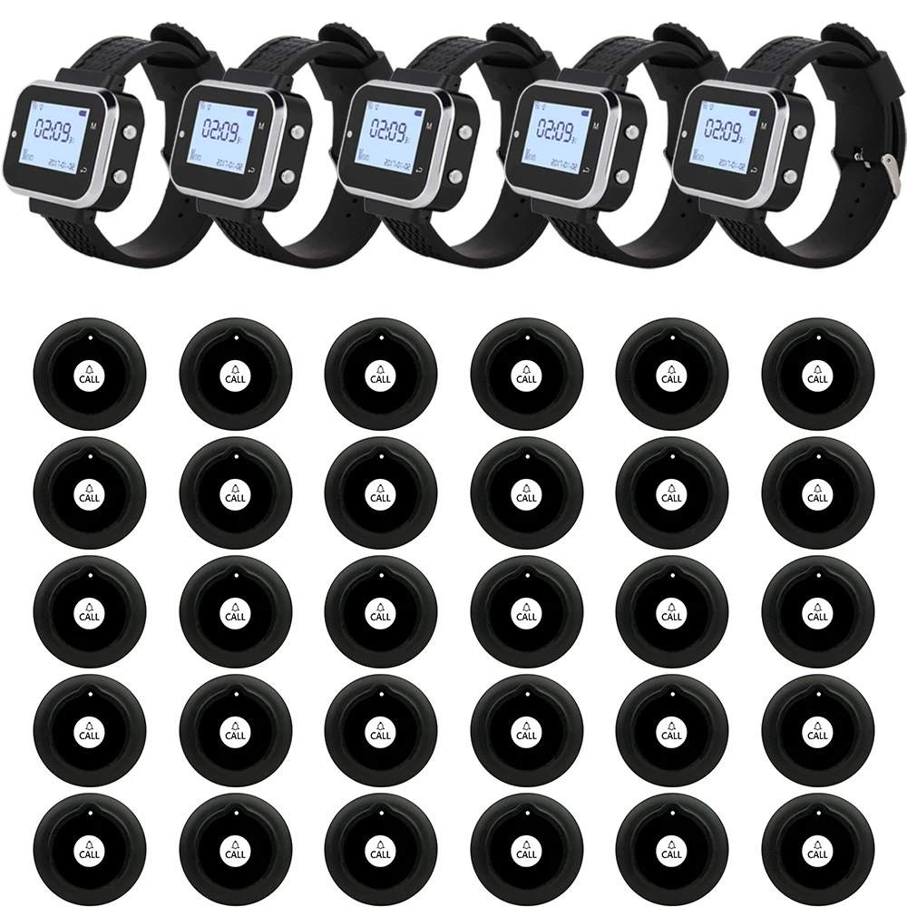 JINGLE BELLS 30 Call Button Transmitter 5 Waiter Watch Pager Receiver Wireless Restaurant Hotel Bar Service Guest Calling System