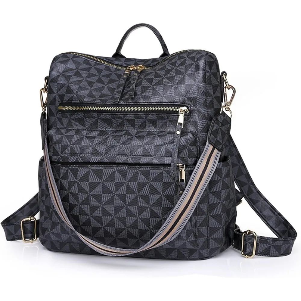 Mochila para mujer, bolso de viaje de cuero, moda Convertible, bolso de hombro universitario grande para mujer, cuadros Triangular negro