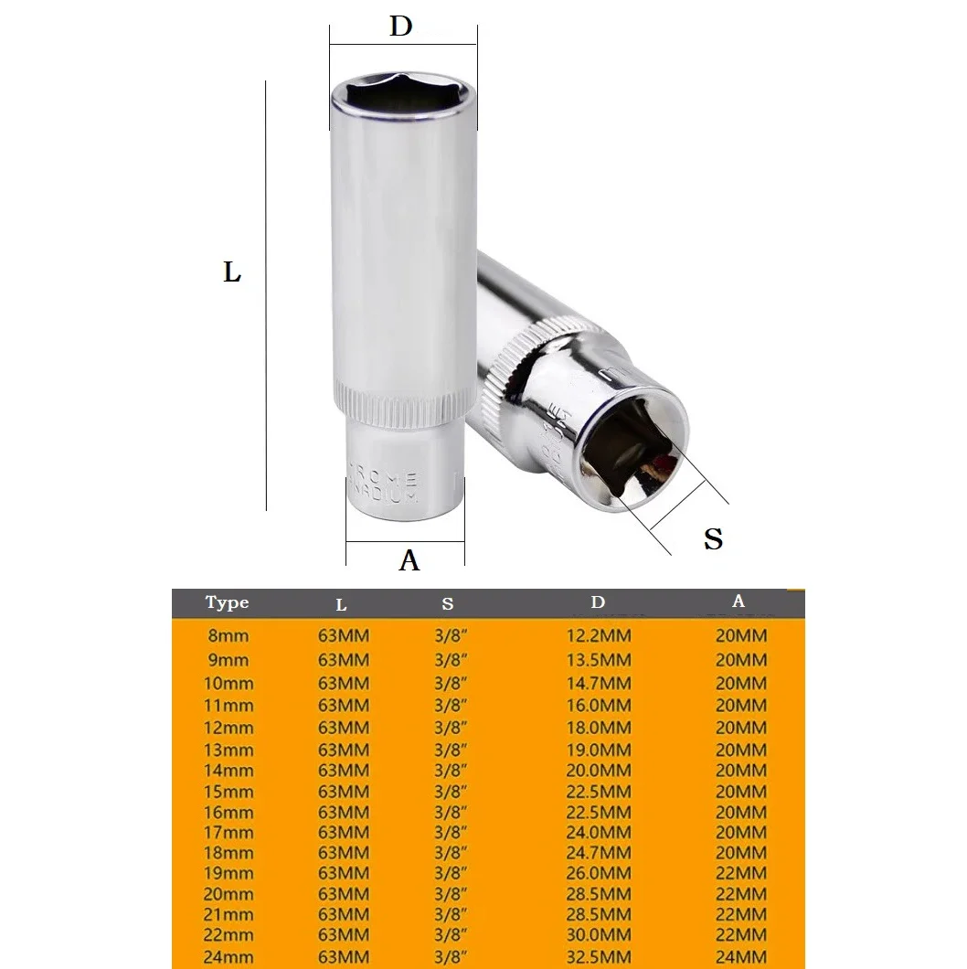 1PC 3/8inch Deep Socket Adapter Medium Fly Hex Long Sleeve Wrench Heads Chrome Vanadium Steel Ratchet Wrench Adapter 8-24mm