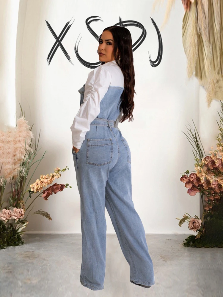 Blue Denim Jumpsuit Autumn and Winter Jean Woman Jumpsuit Full-length Casual Elegant Patchwork Shirt-type Jumpsuit Free Shipping