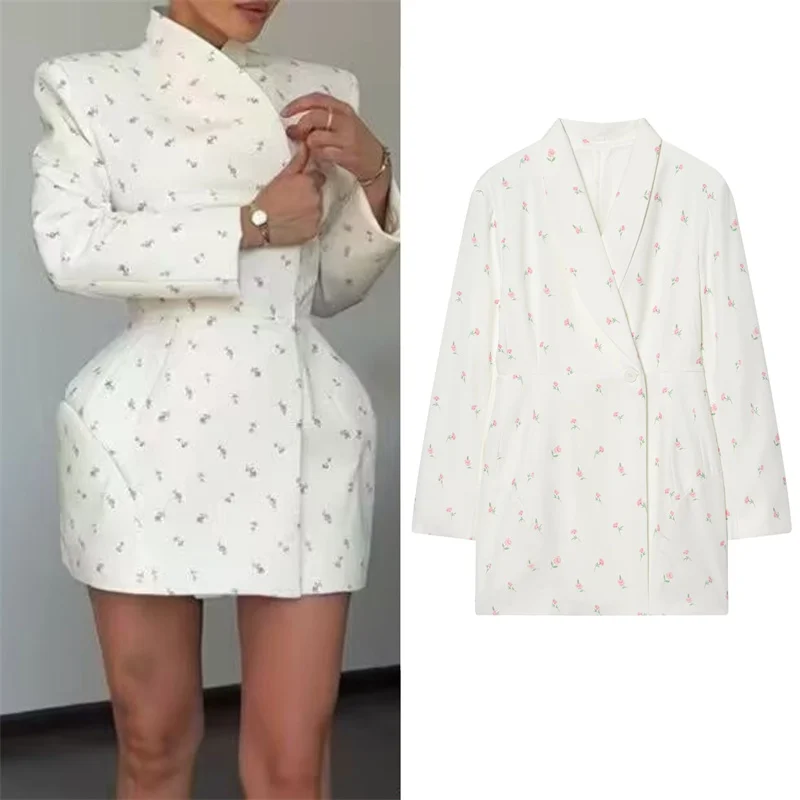 

Women's Coat 2025 Winter New White Printed Long-Sleeve Waist-Cinching Mid-Length Blazer Noble Style Elegant and Graceful