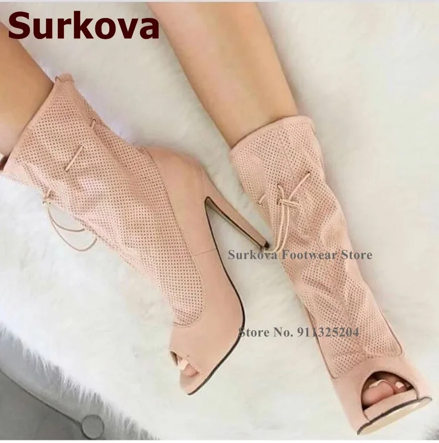 Surkova Royal Blue Suede Small Hole Cut-out Ankle Boots Thin High Heel Lace-up Dress Shoes Ruffle Caged Open Toe Sandals Booties