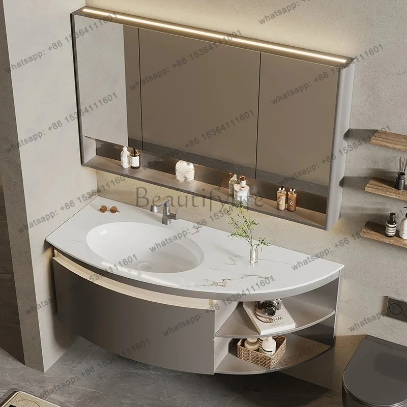 

Light luxury rock slab hot bending integrated basin arc bathroom cabinet special-shaped side grid washbasin cabinet