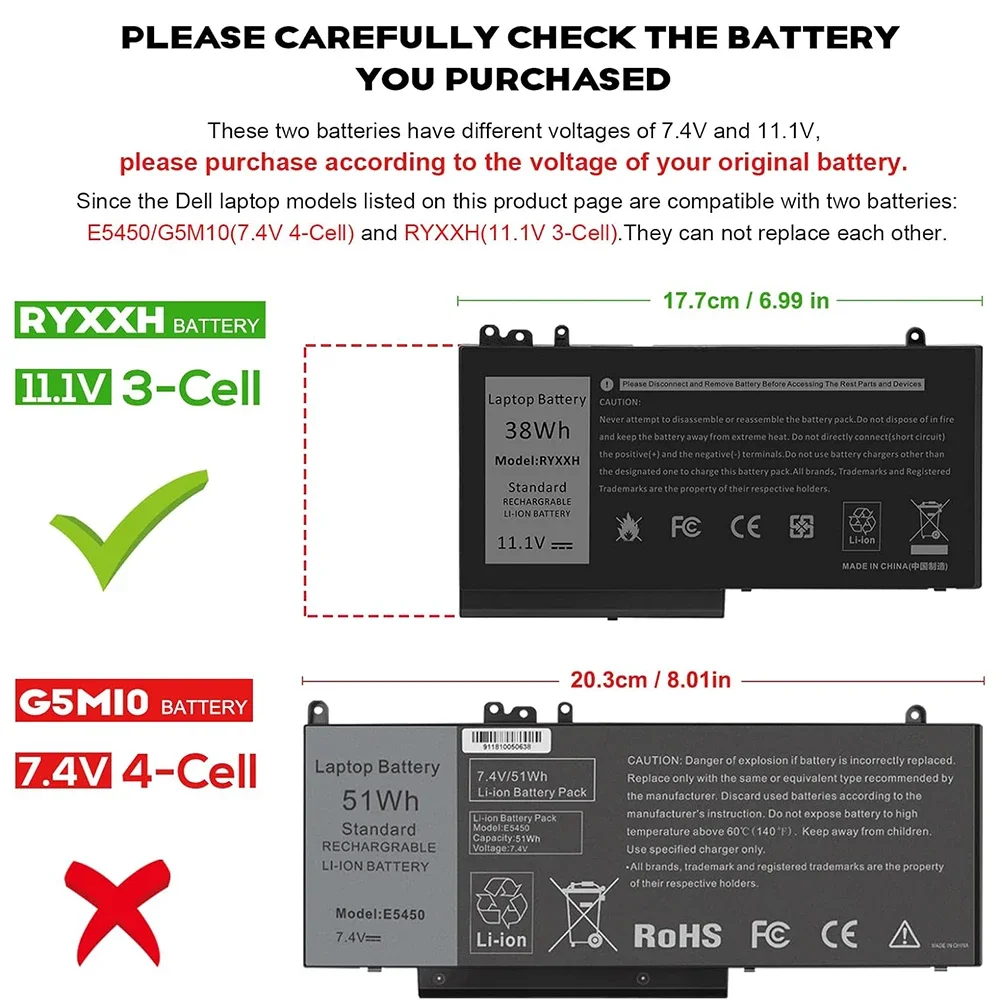 38Wh RYXXH Laptop Battery for Dell Latitude 12 5000 E5250 P25S001 E5450 E5550 3150 P21T001 3160 Notebook 09P4D2 9P4D2 0YD8XC