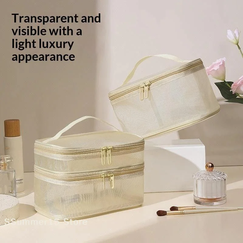 【R】Portable Transparent Mesh Travel Bag Large Capacity Storage Toiletry Bag 2 Layer Makeup Case Toiletries Organization