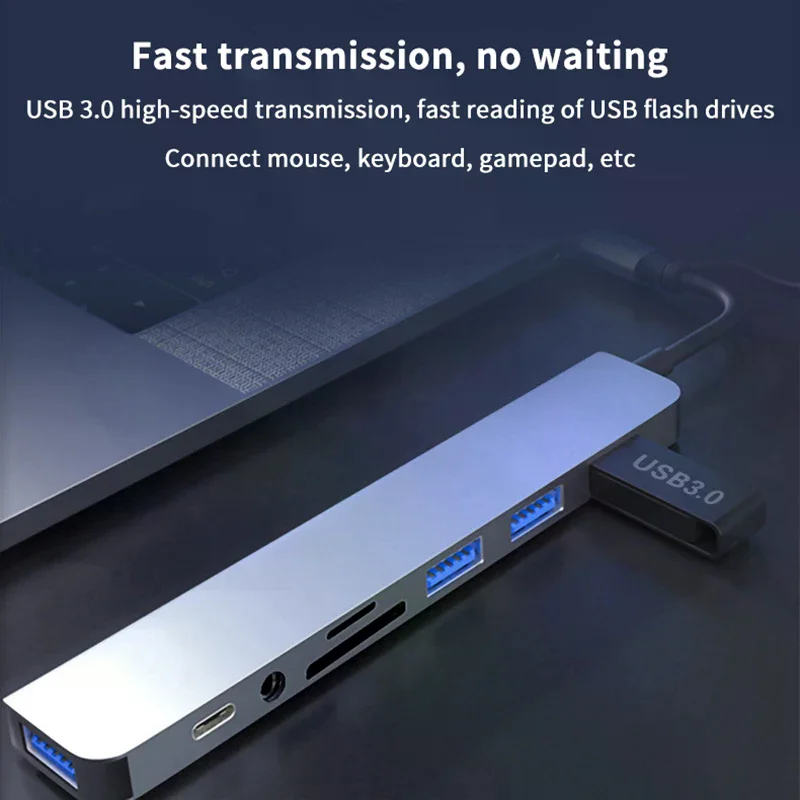 8 In 1 USB Type C HUB Docking Station With 3.5mm Audio Jack Adapter Micro TF  Card Reader For  Laptops Tablet Phone