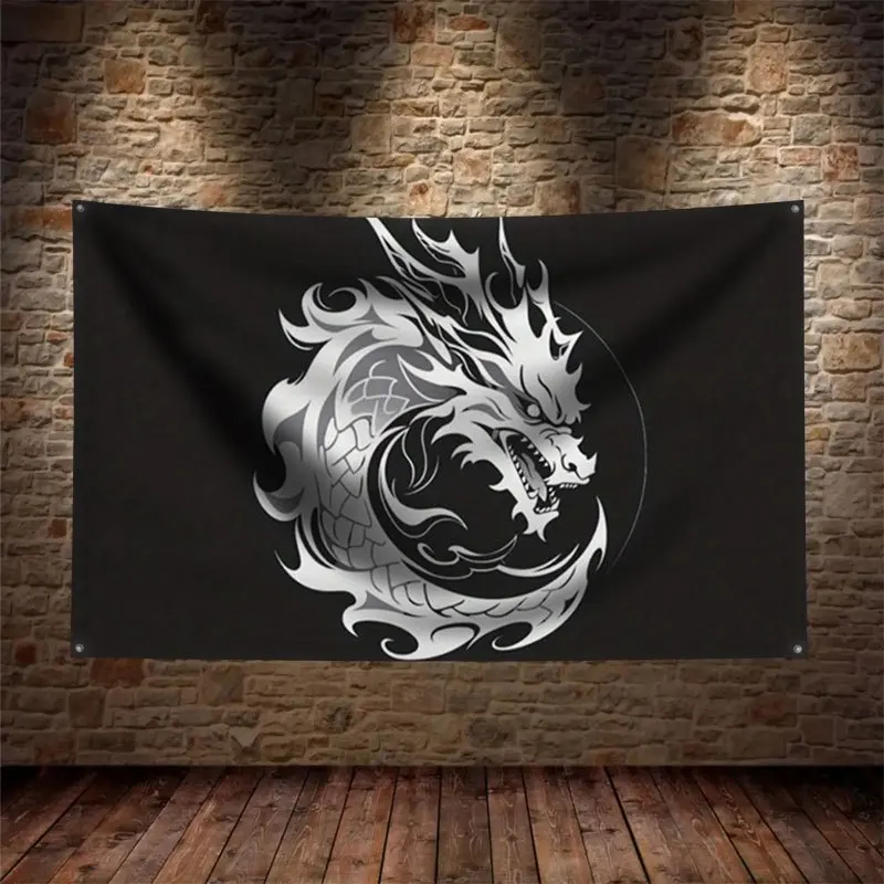 Epic Dragon Head Tapestry Wall Hanging Banner Decor Mythology Art Flag Style With 4 Rings Perfect Gift for Man Cave Gaming Room