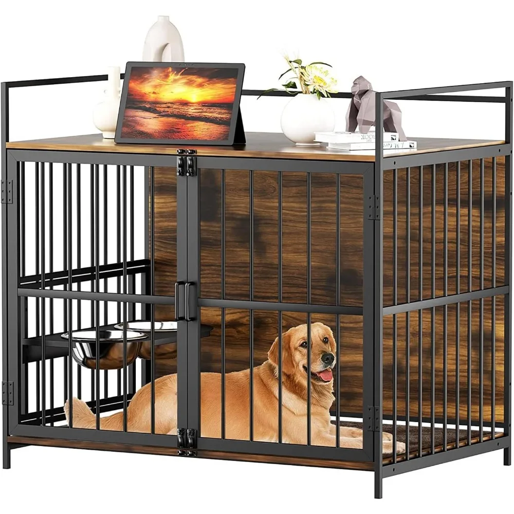 

Furniture Style Large Dog Crate with 360° & Adjustable Raised Feeder for Dogs 2 Stainless Steel Bowls -End Table House Pad, Ind