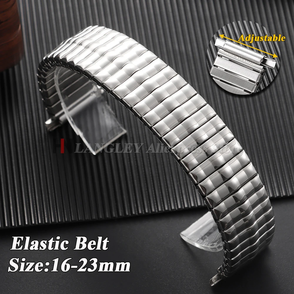 Эластичные ремешки для часов из нержавеющей стали, серебряные регулируемые ширины 16-23 мм для умных часов, мужские металлические расширительные эластичные модные браслеты
