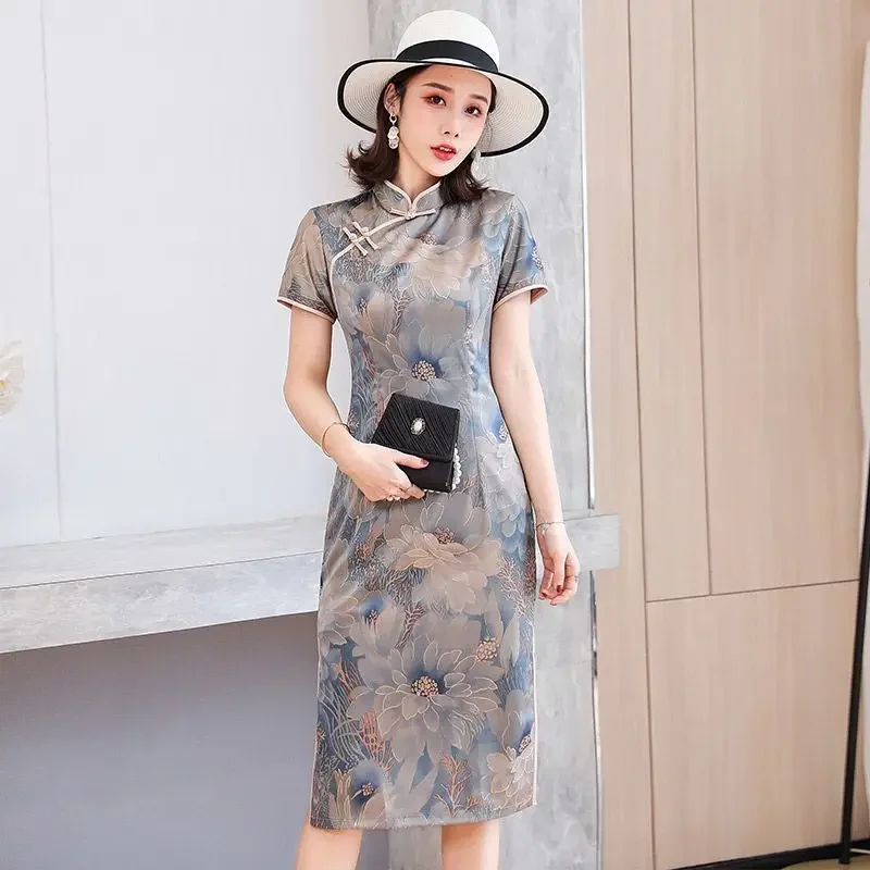 

Old Shanghai Short Sleeve Cheongsam Women's Mid Length Slim Vintage Summer Dress Qipao Temperament Modern Chinese Style Dresses