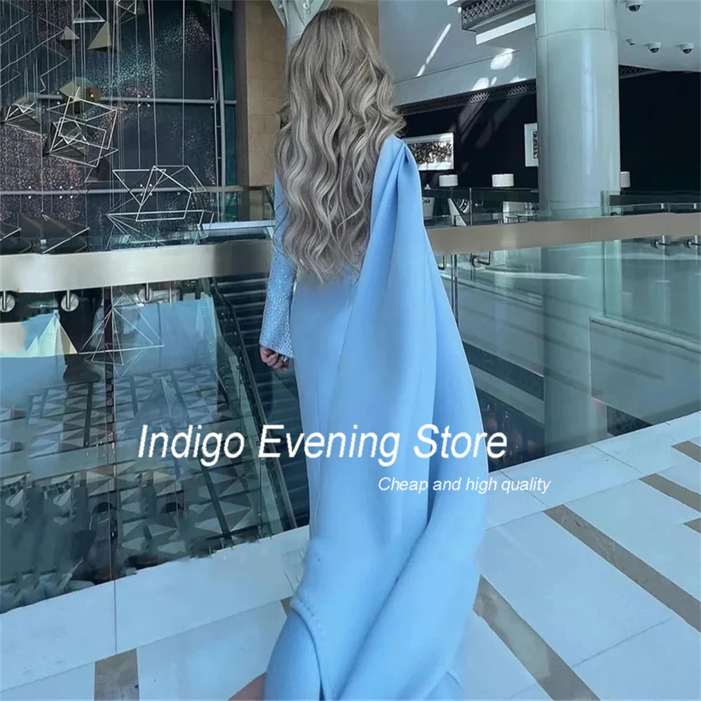 Indigo-Vestidos de Fiesta de sirena para mujer, manga larga, cuello redondo, chal de satén con cuentas, vestidos de noche hasta el tobillo divididos, 2024