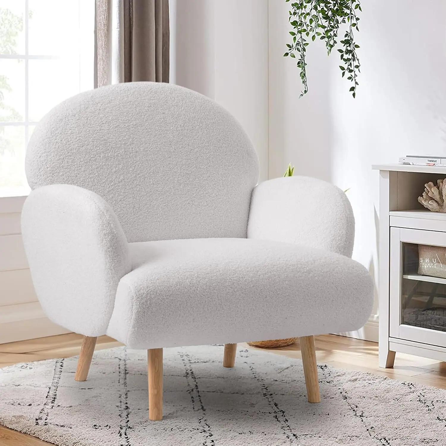 Oversized Boucle Fabric Accent Chair with Arms, Sherpa Furry Teddy Chair with High Back and Wood Legs for Capacity 400 pounds