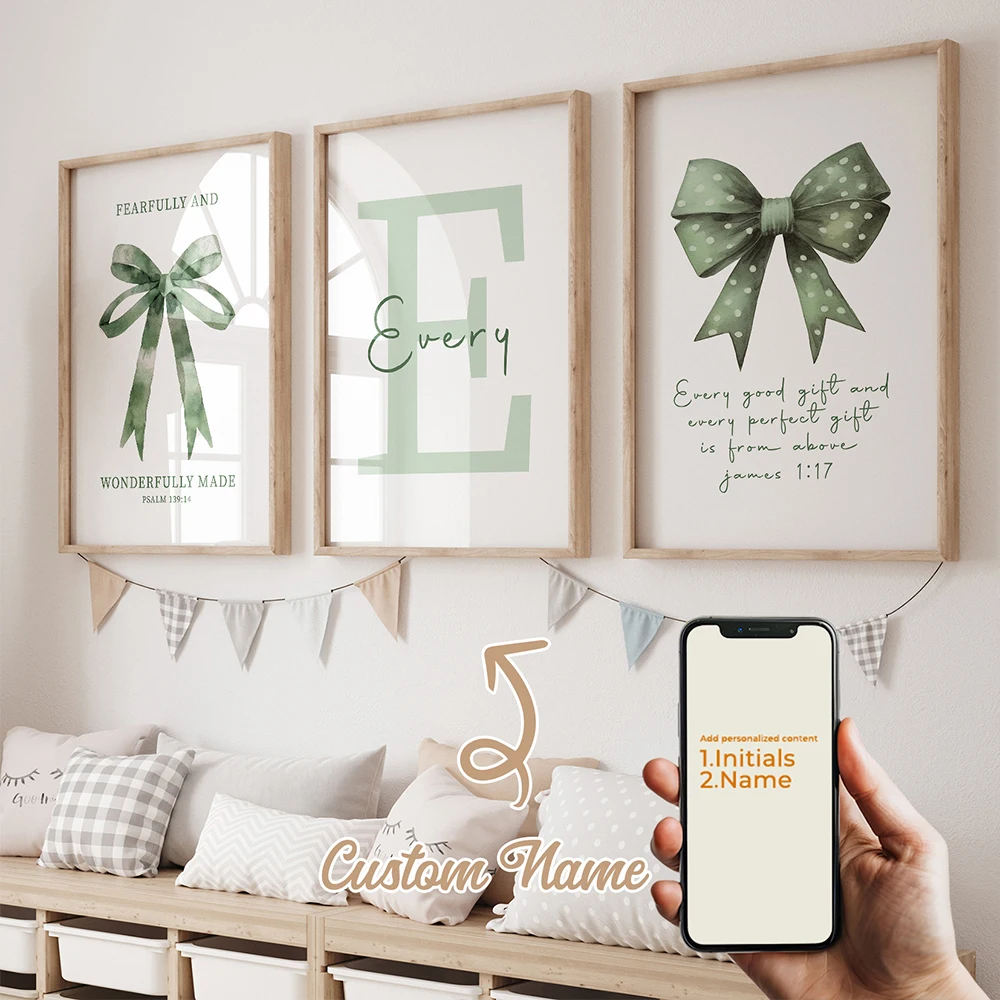 

3pcs Personalized Name Custom Christian Bible Verses James 1:17 Green Bow Wall Art Print Picture Living Room Kid Room Home Decor