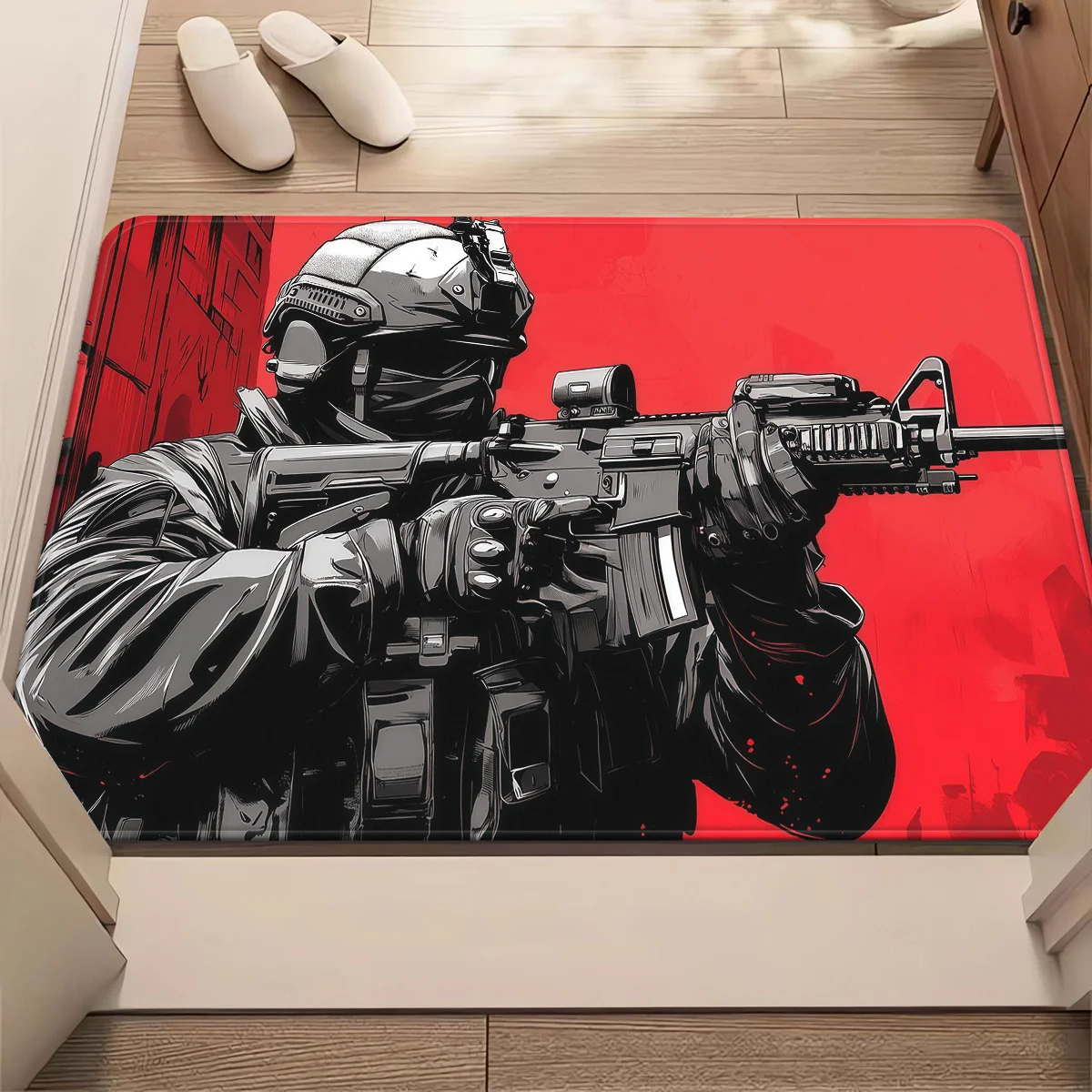 Illustrated Tactical Figure Graphic Doormat – Black-and-White Soldier Art on Vivid Red Base,  Decorative Indoor Floor Mat