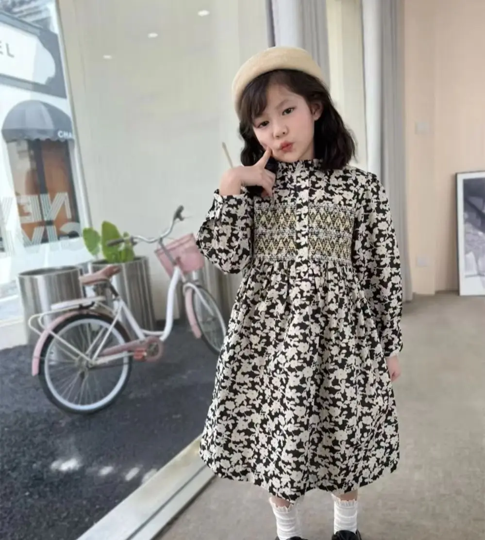 

Одежда для маленьких девочек, детская одежда для девочек, платье для девочек во французском стиле, черное платье с принтом черешни, ручная вышивка, платье с длинными рукавами