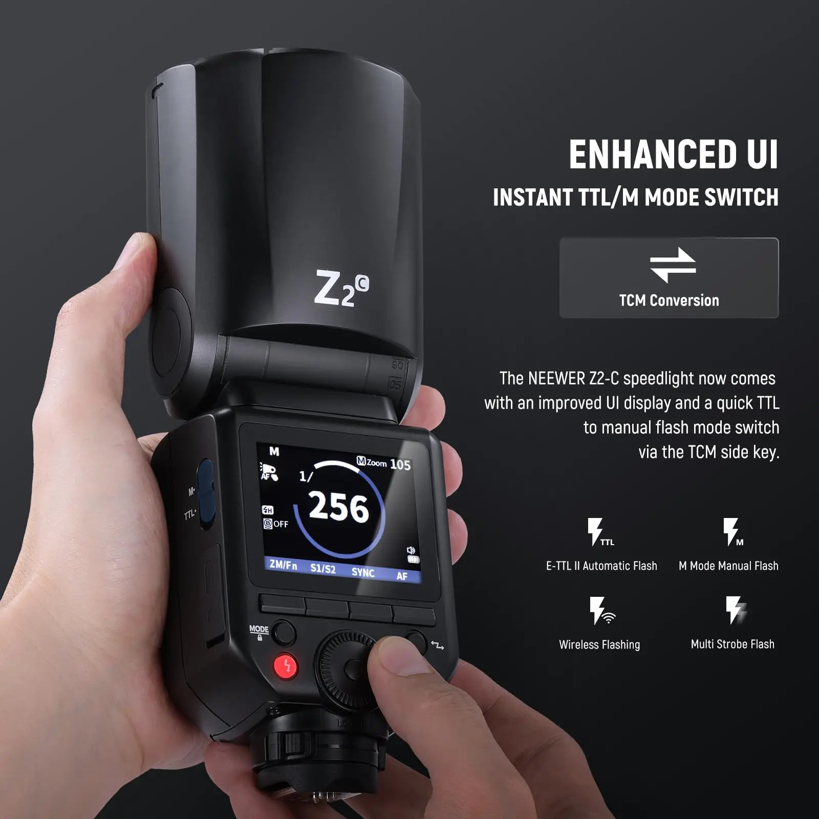 NEEWER Z2 2.4G TTL Round Head Flash Speedlite Adjustable Lamp QPRO-C TTL Wireless Flash Trigger with Large Screen for Canon