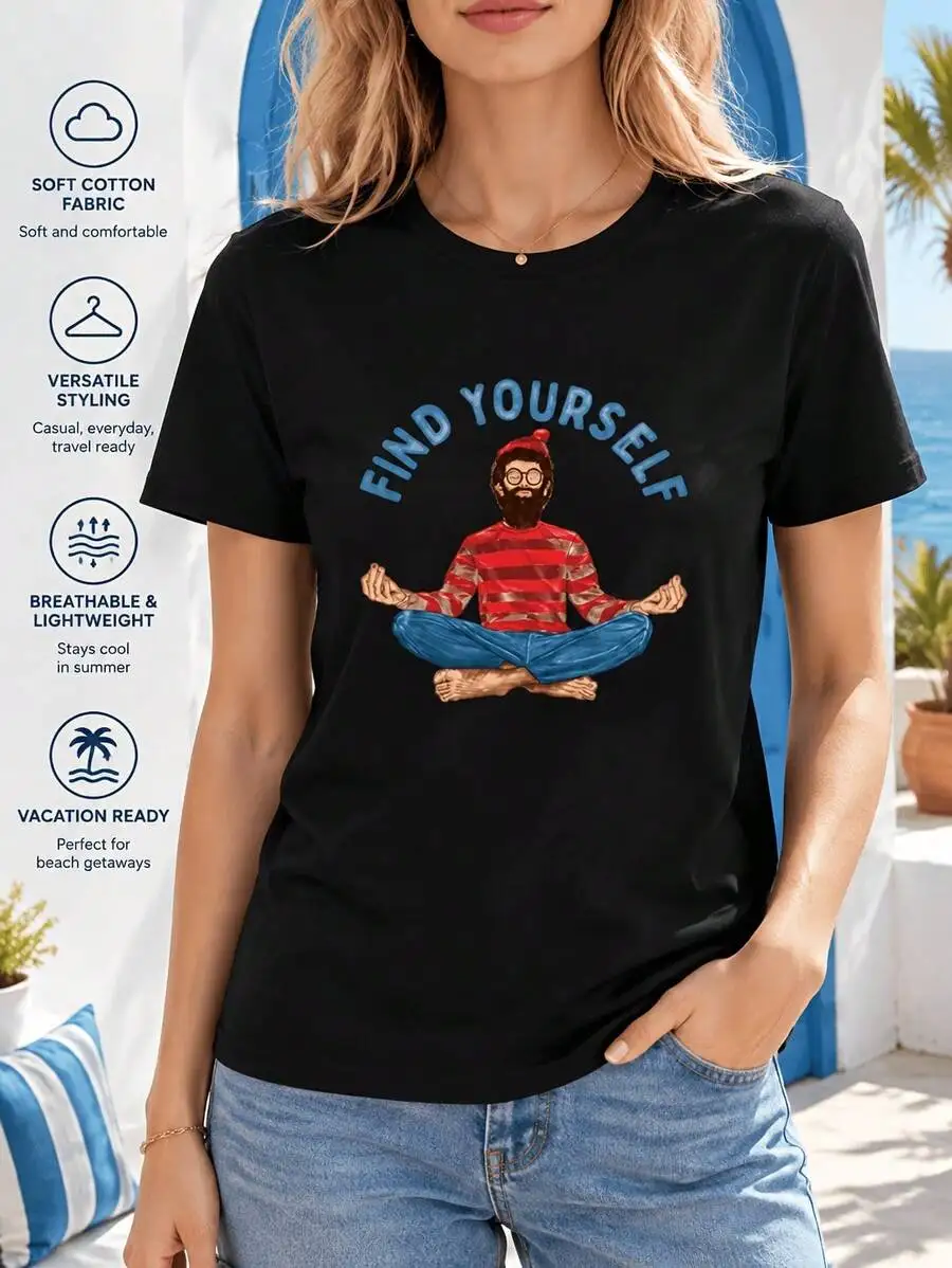 Casual Soft Cotton, Women's T-Shirt, Find Yourself Meditation Graphic, Summer Vacation Beach Getaway, Gift For Yoga Lover
