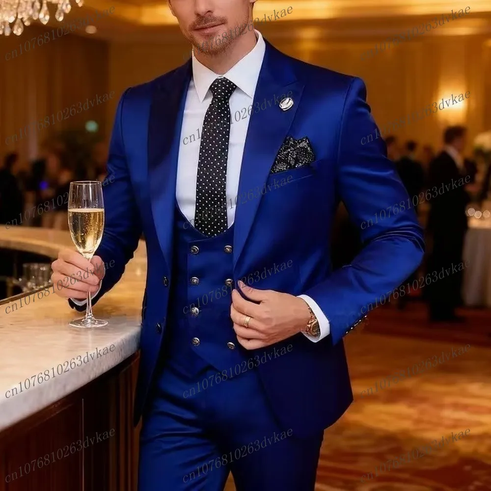 

Королевский синий ацетатный атласный деловой мужской костюм для жениха, жениха, свадебной вечеринки, выпускного вечера, формальный мужской смокинг, комплект из 3 предметов, пиджак, жилет, брюки
