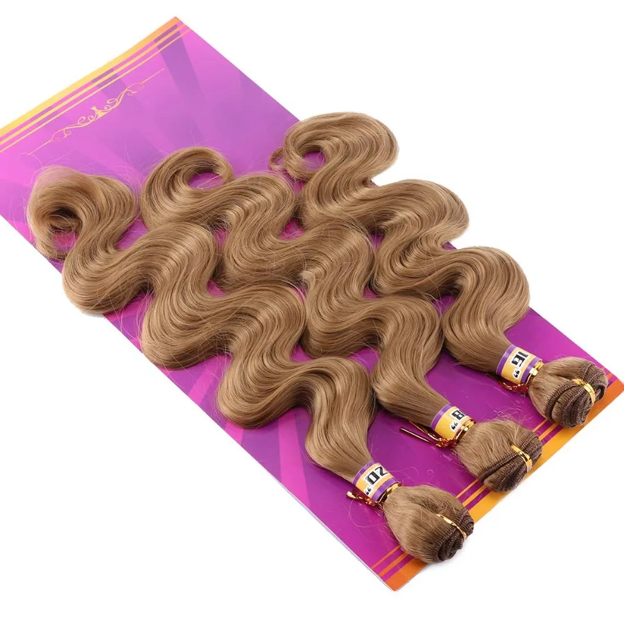 الذهبي الجسم موجة الاصطناعية نسج الشعر ملحقات 3 حزم اللون 27 الذهبي ارتفاع درجة الحرارة الألياف النسيج للمظهر الطبيعي Vo #5