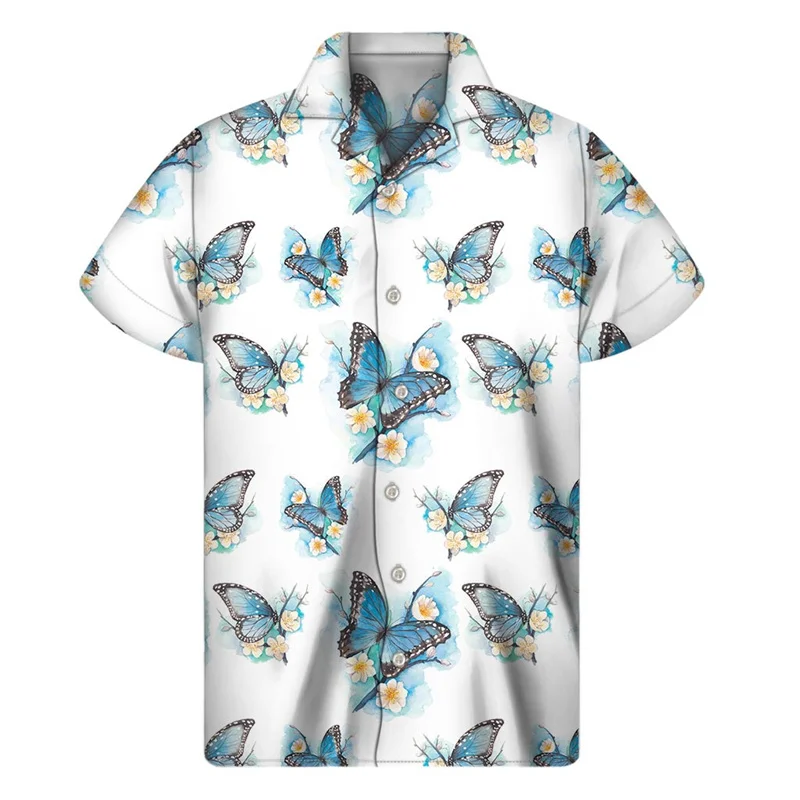 Butterfly Flower Shirt Men 3D Printed Hawaiian Shirts Y2k Tops Short Sleeve Harajuku Fashion Streetwear Lapel Button Blouse