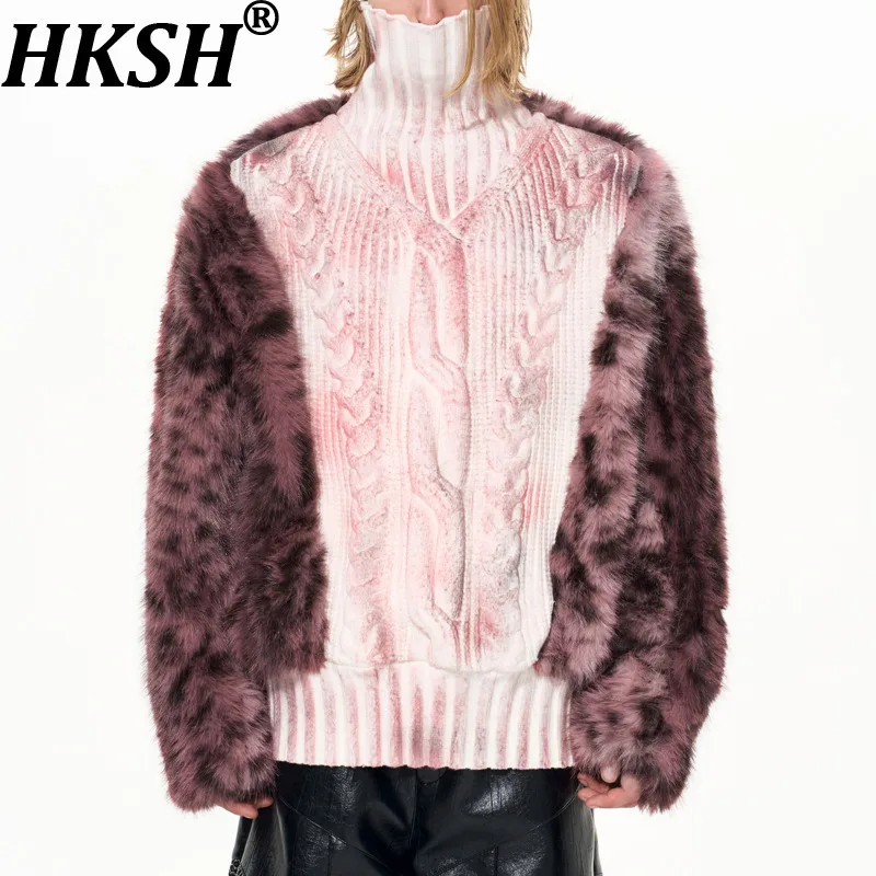 

HKSH осень-зима новые мужские леопардовые принты меховой лоскутный свитер с воротником модные повседневные теплые утолщенные вязаные пуловеры HK16301