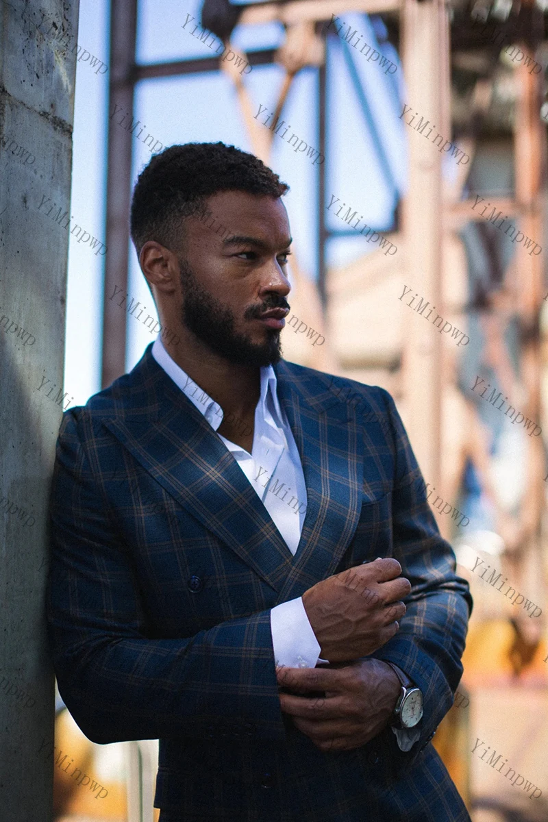 بدلة رجالية منقوشة باللون الأزرق الداكن من YiMinpwp مكونة من قطعتين من الساتان للأعمال بقصة ضيقة وزر مزدوج مصممة خصيصًا لحفلات الزفاف الرسمية