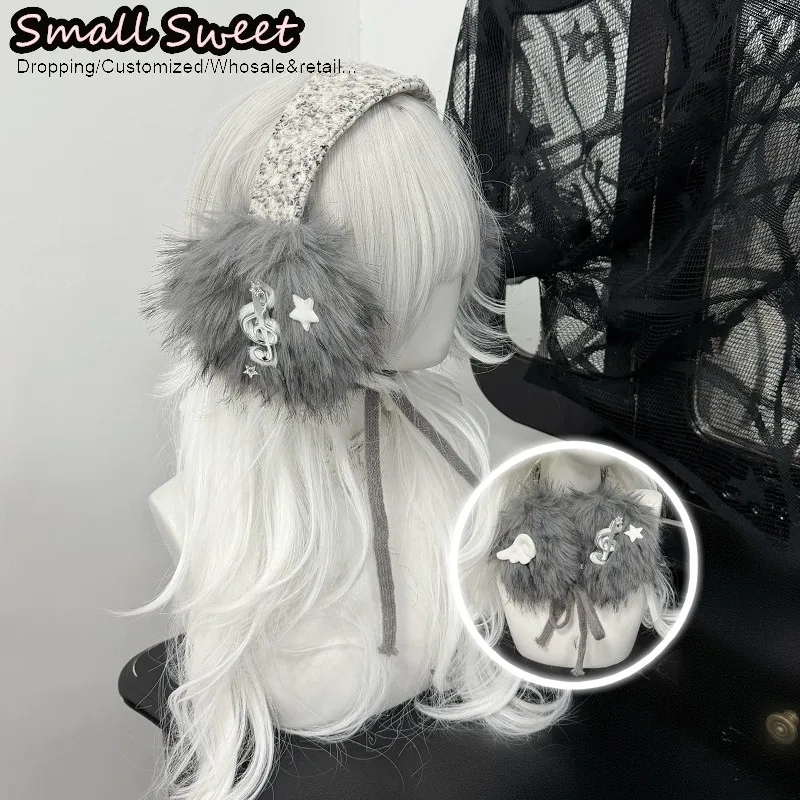 Sweet Japanese Lolita Y2K Girl Music‑Note Plush Fluffy Earmuffs Subculture Cute Cold‑Proof Warm Earmuff Gothic Hair Accessories