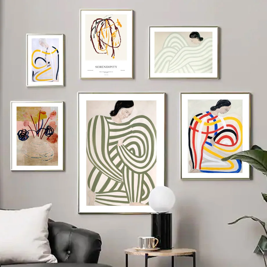 Sofia Lind Striped Pajamas Abstract Curve Vase Nordic Poster Wall Art Print Canvas Painting Pictures Living Room Bedroom Decor