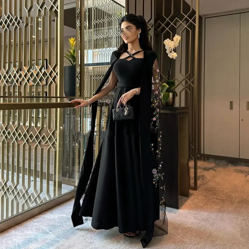 

Aleeshuo Modern Black Appliques Prom Dress فساتين سهره فاخره Simple Cap Sleeve Beaded Square Collar Evening Dress Customized