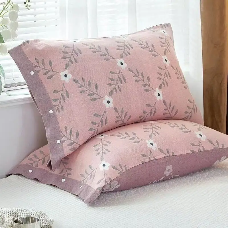 2pcs Pure Cotton Gauze Pillowcase Buckle Design Stripe 3-Layer Gauze Thicked Printied Bedding Envelope Style Pillow Cover
