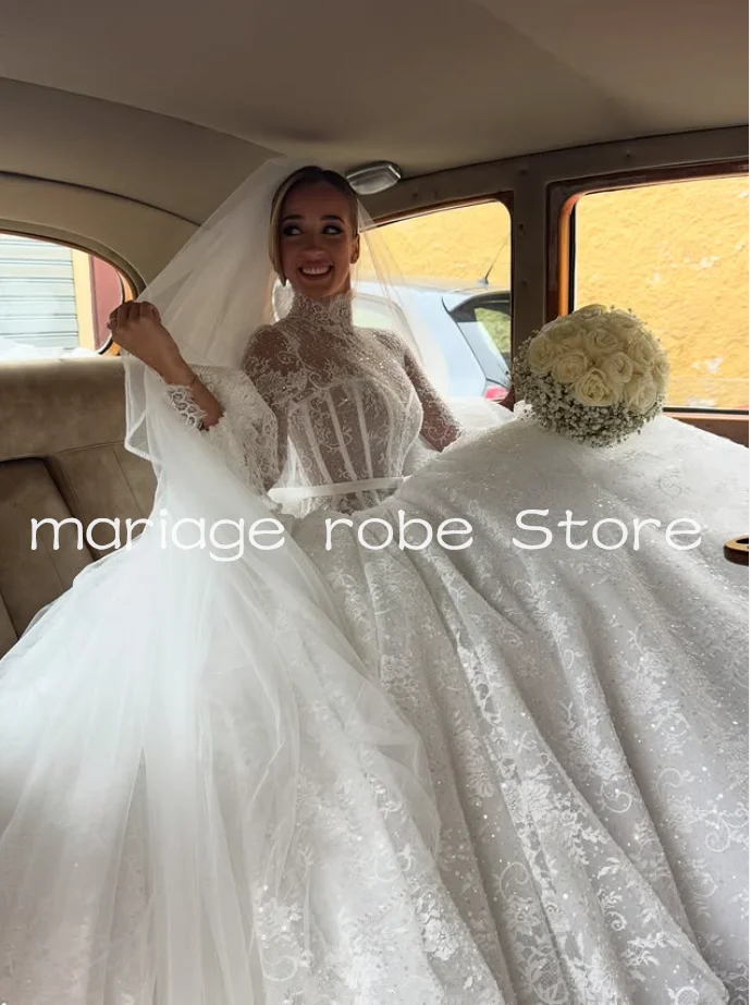 豪華なプリンセスサウジウェディングドレスハイネック長袖骨抜き教会ロイヤル中東ブライダルガウン衣装カスタムサイズ