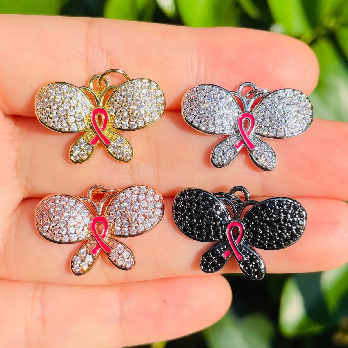 5pcs Pink Ribbon Micro Pave Butterfly Charm for Women Bracelet Necklace Making Breast Cancer Awareness Pendant Jewelry Findings