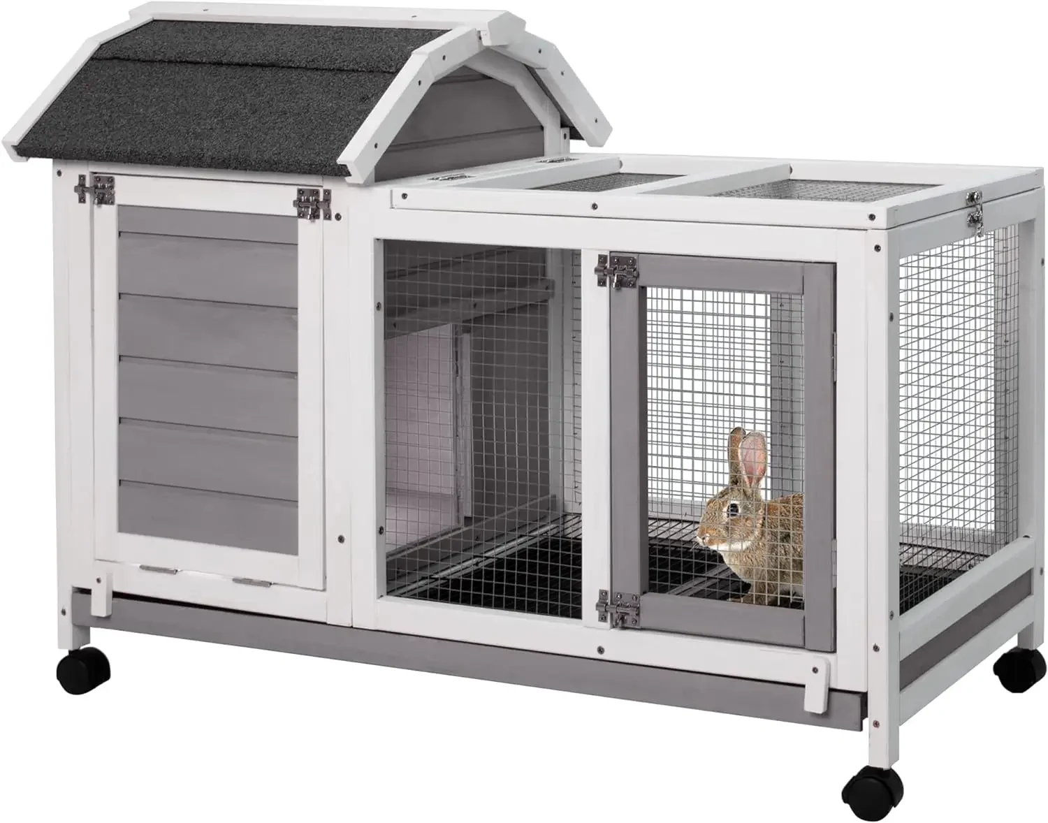 

Rabbit Cage Rabbit Hutch Indoor Removable Bunny Cage with Ramp, Wheels, Deeper No Leak Trays, Weatherproof Roof for Rabbits