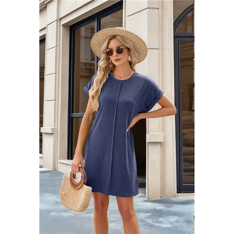 ABRT-สตรีฤดูร้อน T เสื้อชุดลําลองหมวก Crewneck หลวม Shift มินิเดรส