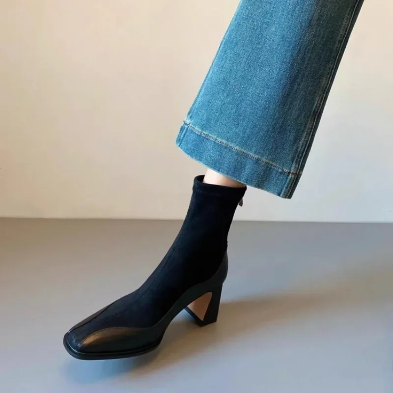 2024 Hot Sale Shoes Female Mid-Calf Women's Boots Concise Modern Boots Women Sewing Square Toe Med Heel Slip on Shoes Women