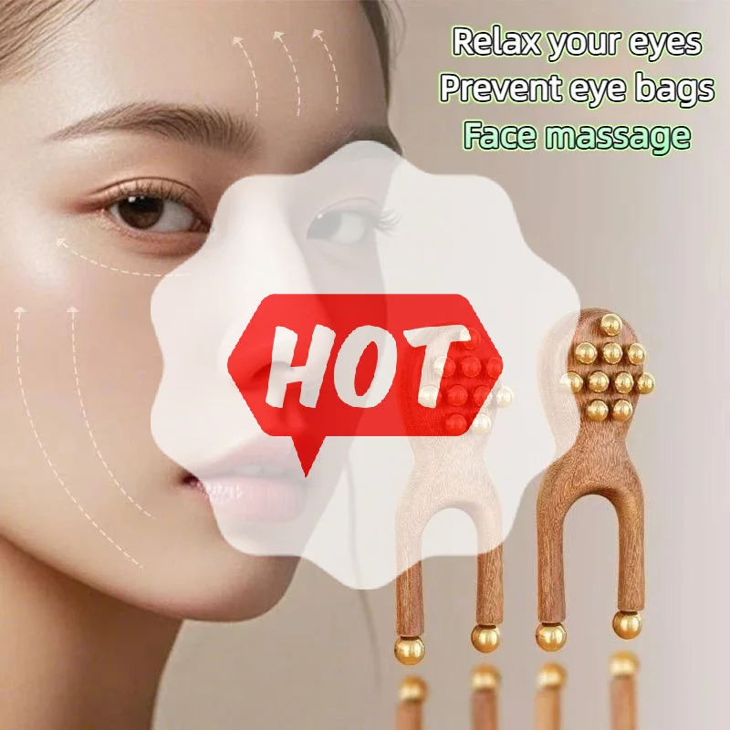 12 Copper Beads Guasha Face Massager Tool Sandalwood Handle Fascia Lifting Face Manual Massager Anti Static Frog Shape Handheld