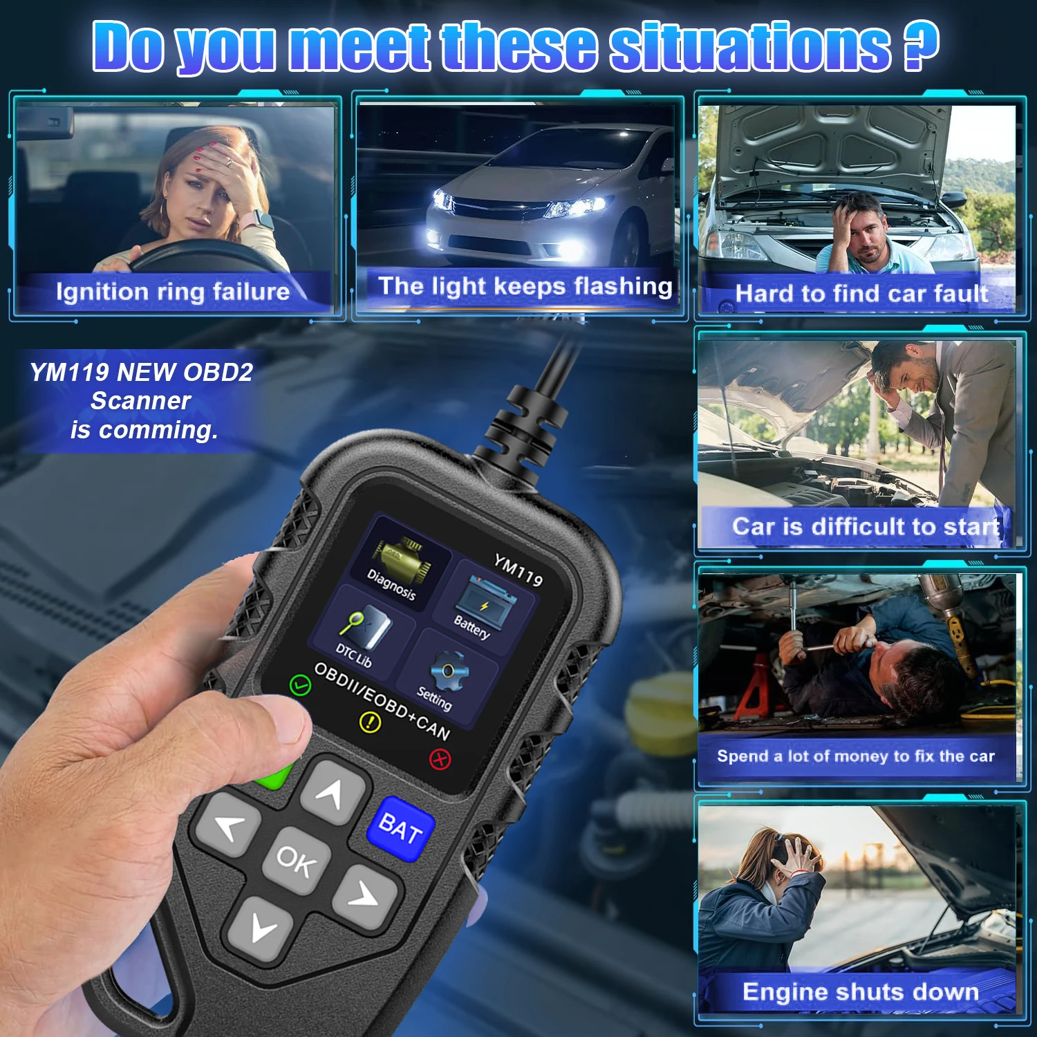 YM119 OBDII Scanner Diagnostic Tool OBD2 Code Reader Car Auto Diagnostic Tool Work for all cars