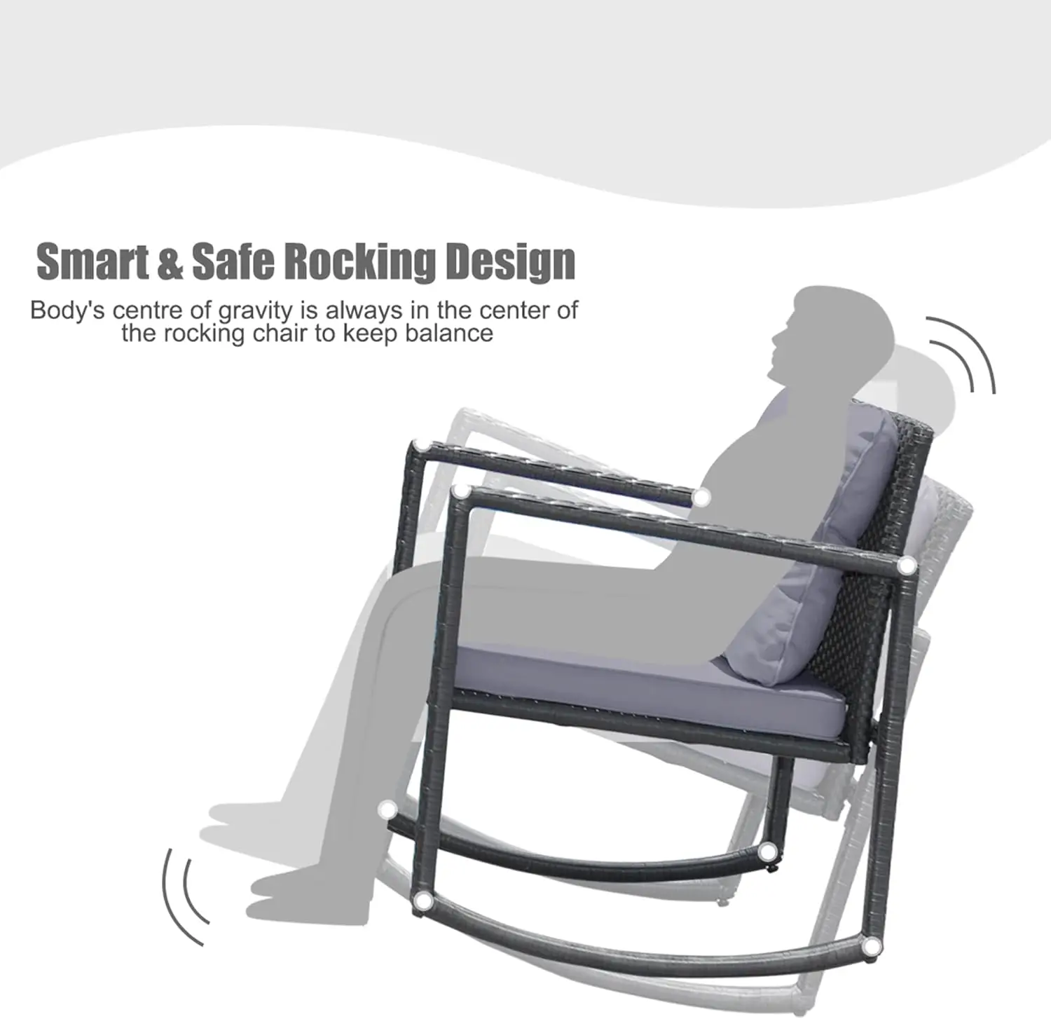 Patio Furniture Set, Rattan Rocking Chair and Glass Coffee Table with Cushions, Outdoor Wicker Conversation Bistro Set