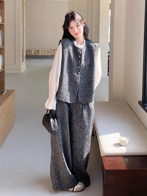 Oversize 300 Pounds Korean Style Vest Wide Leg Pants Two Piece Set Men's Autumn Lazy Luxury Set Long Sleeve Long Pants
