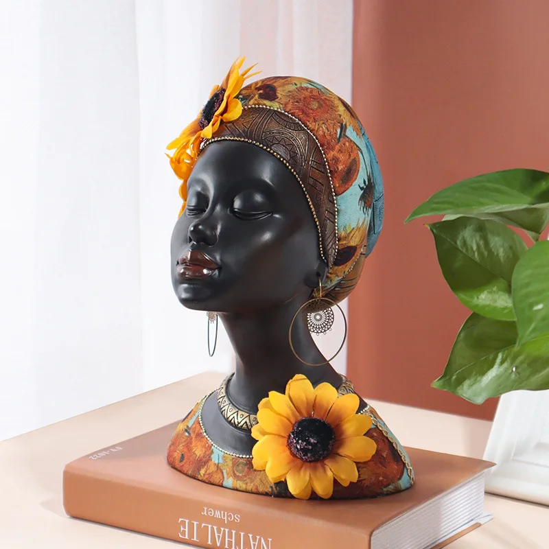 An African tribal style resin decoration, retro black female statue wearing sunflowers, suitable for living room, entry