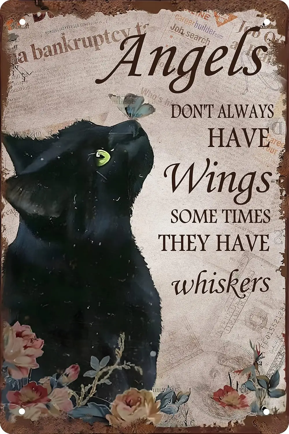 Vintage Black Cat Decor Cat Lovers Gift Retro Metal Tin Sign Angels Dont Always Have Wings Sometimes They Have Whiskers Plaque M