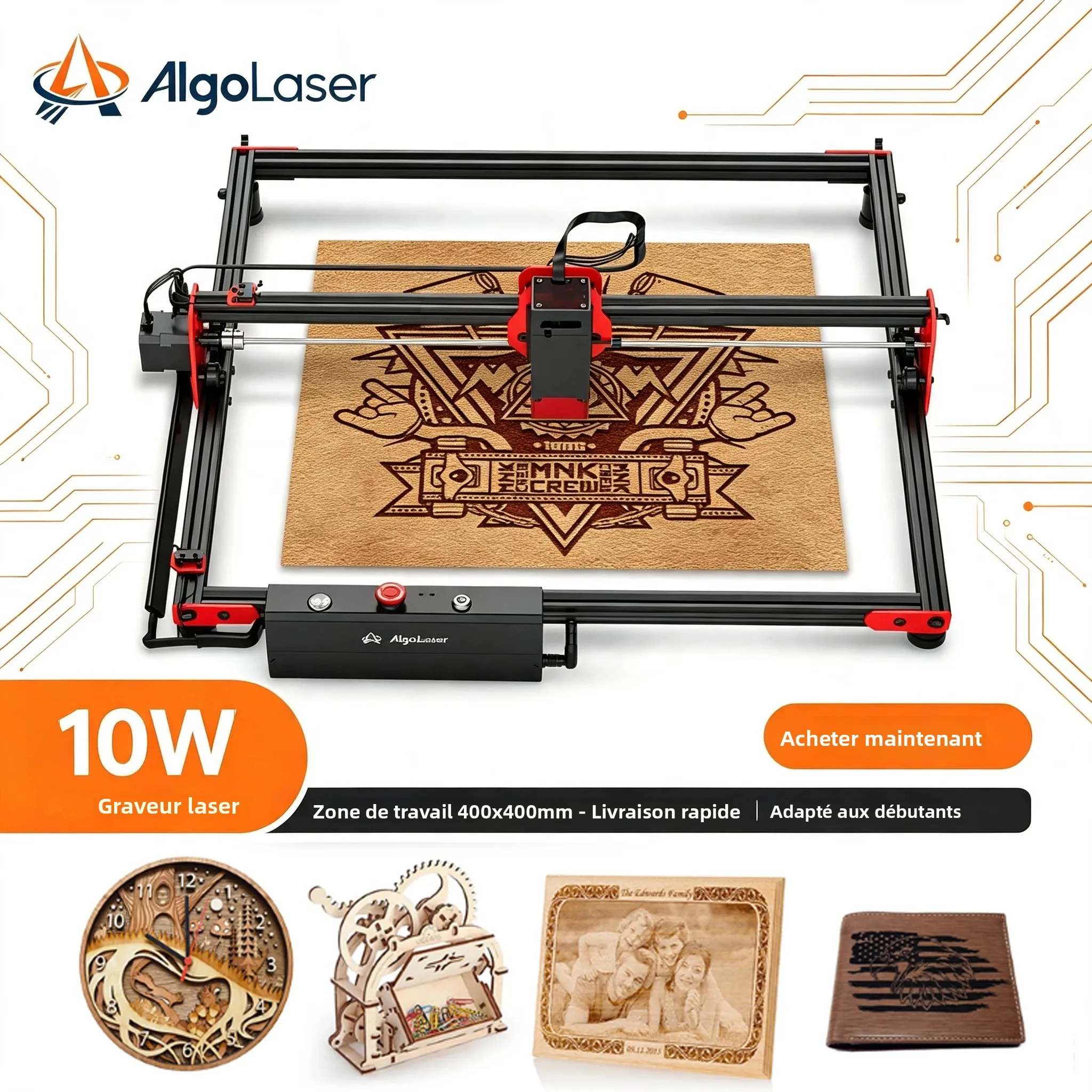 Algolaser DIYKIT 10W Machine de gravure et de découpe laser à mise au point rapide 12000 mm/min Outils de travail du bois avec rouleau rotatif